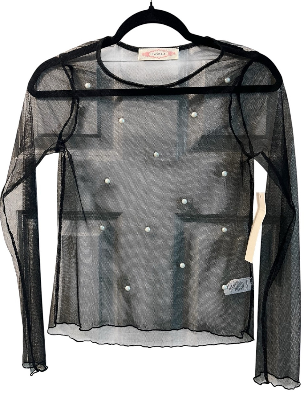 NWT Twinkle Sheer Black Mesh Pearl Embellished Top / S